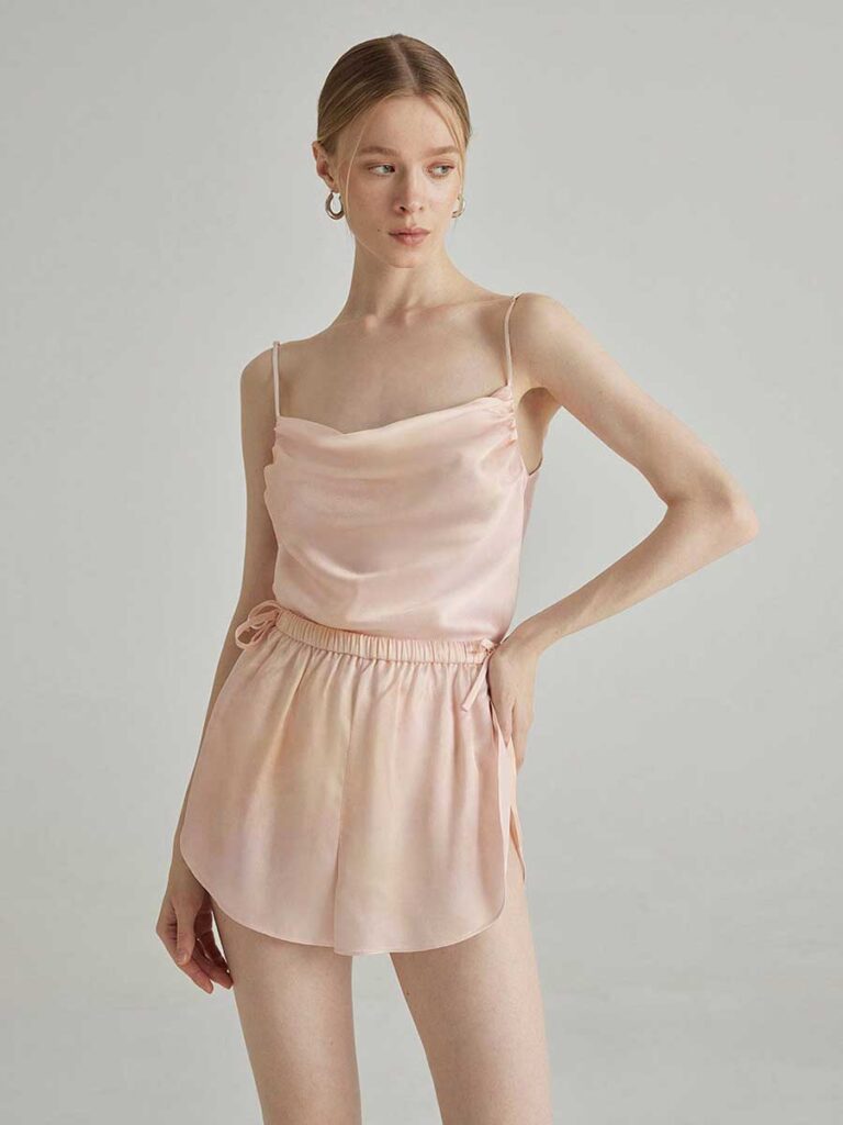 Silk Maison pink silk high waist pajama shorts and tank top pajama set