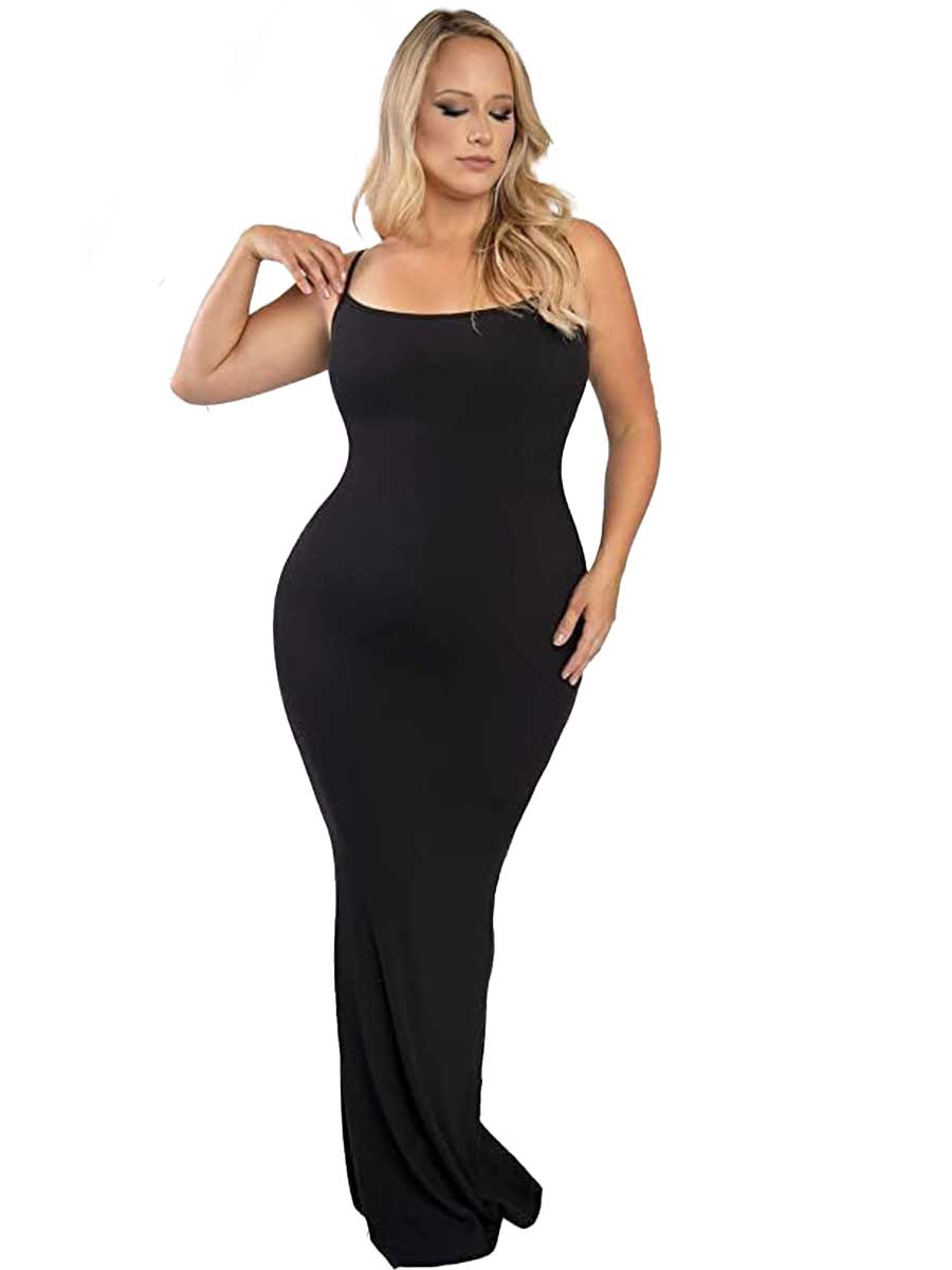 Amazon fashion SKIMS dupe black cami square neck ribbed maxi dress with hourglass figure