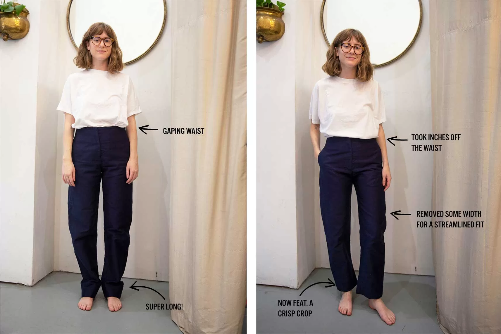 Picture of trousers before and after being tailored to fit