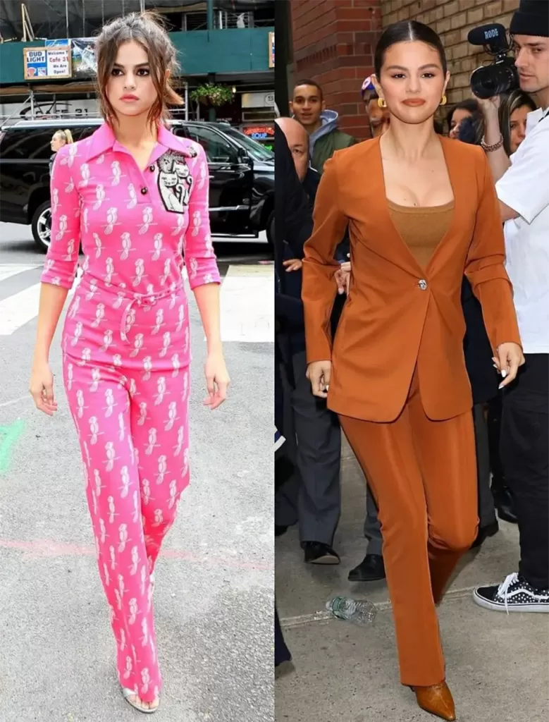 Selena Gomez wearing a pink jumpsuit next to her wearing a rust orange suit that complements her skin tone