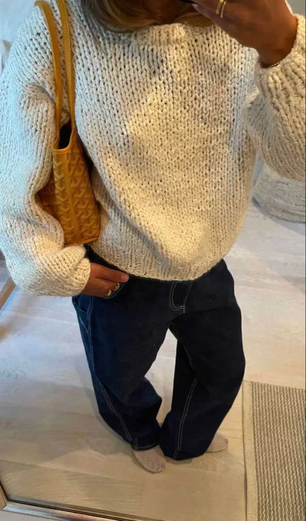 Grey sweater with mini skirt, tall blue socks, and ballet flats