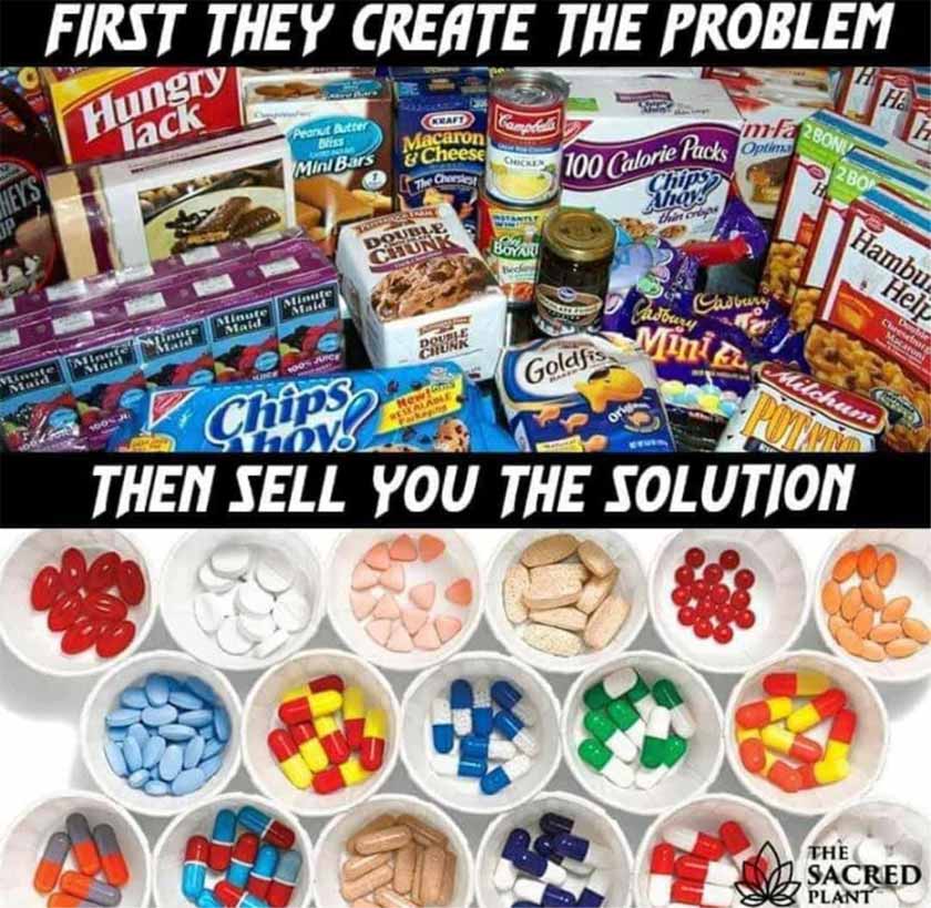 "First they create the problem, then sell you the solution." Toxic American foods next to an image of various pills