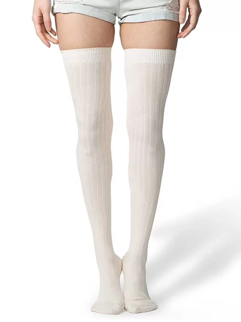 Tall thigh high legwarmer socks from Amazon in grey, white, and black