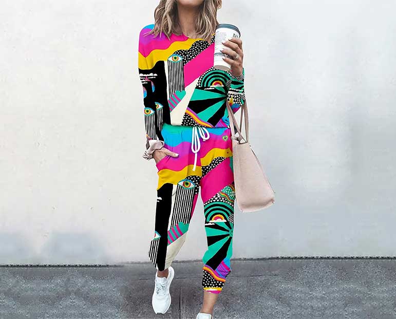 Loud colorful geometric print jogger tracksuit outfit