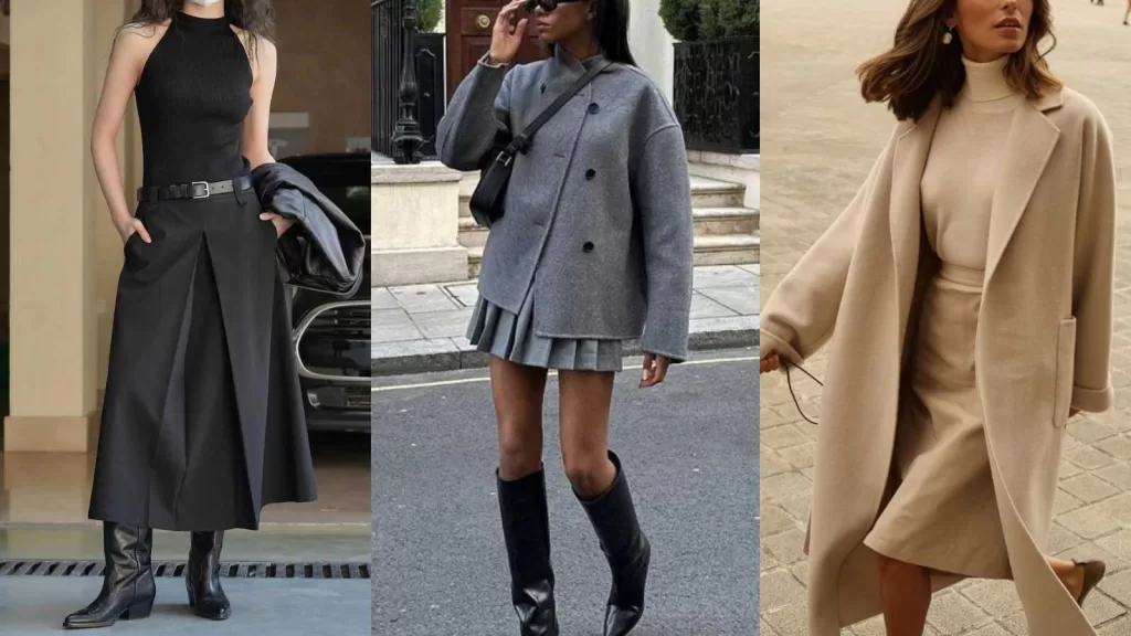 Monochromatic Outfits - Black halter top & black midi skirt with black boots; Grey oversized jacket and a grey pleated skirt with black boots; Tan turtleneck with a tan skirt and a tan coat