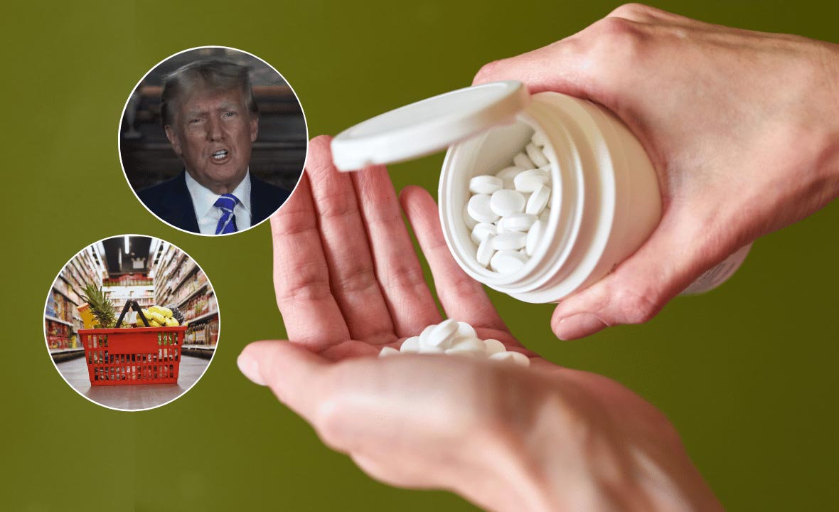 Pouring a bottle of pills into hand; Donald Trump addressing uptick in chronic illness; food basket in the aisle of a grocery store