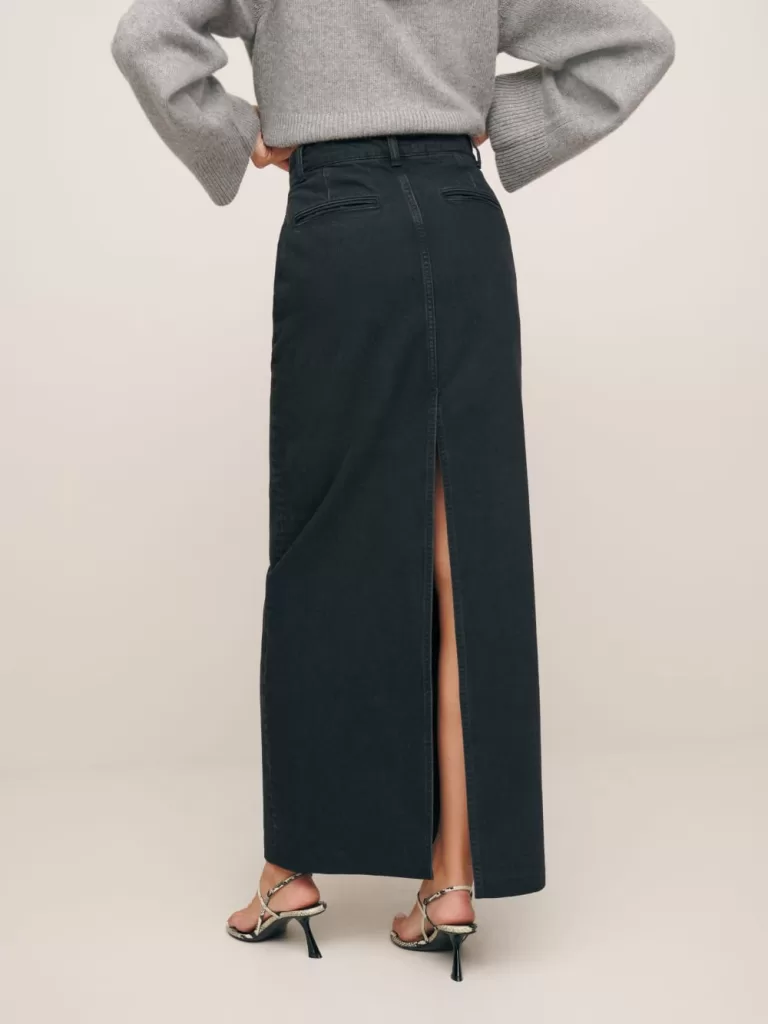 Reformation Myles black denim maxi skirt with back slit