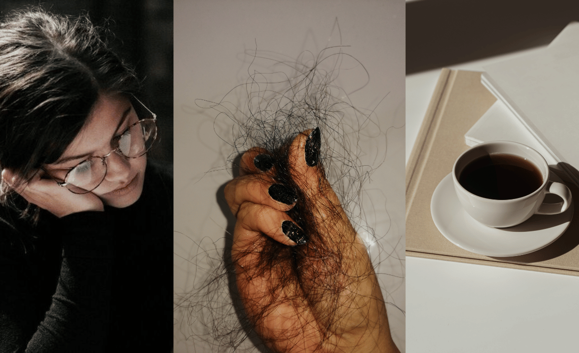 tired woman; woman's hand holding clump of hair from hair loss; cup of coffee