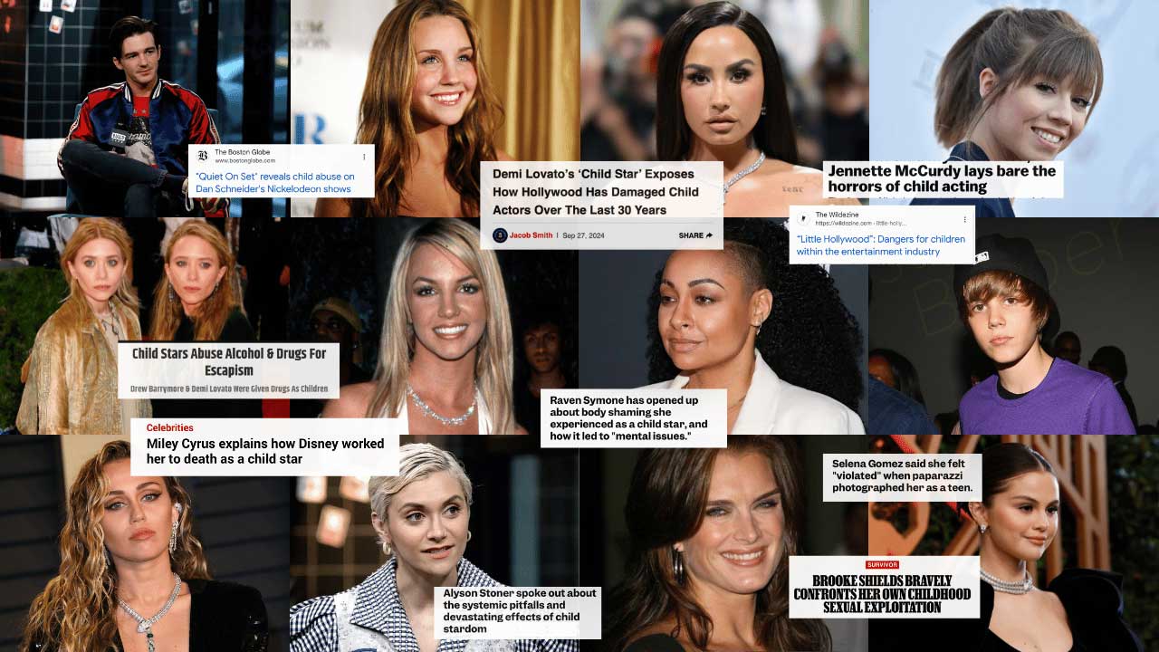 Former child stars who have spoken about exploitation and abuse: Drake Bell, Amanda Bynes, Demi Lovato, Jennette McCurdy, Mary Kate and Ashley Olsen, Britney Spears, Raven Symone, Justin Bieber, Miley Cyrus, Alyson Stoner, Brooke Shields and Selena Gomez