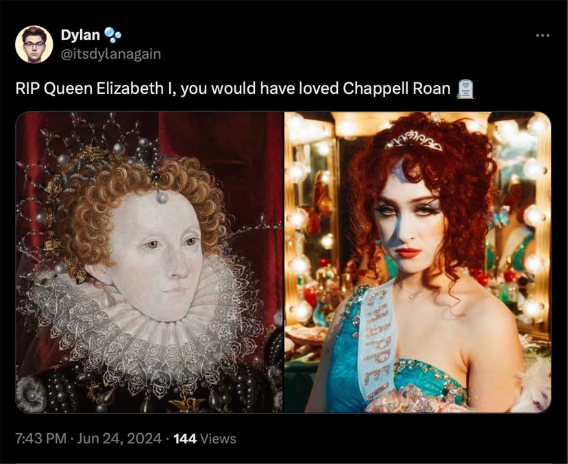 Twitter tweet comparing Chappell Roan to Queen Elizabeth i