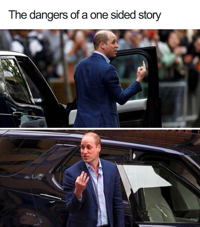 Media manipulation photo example of Prince William that looks like he is flipping off the camera; another photo of the same moment from a different angle, showing that he is holding up three fingers