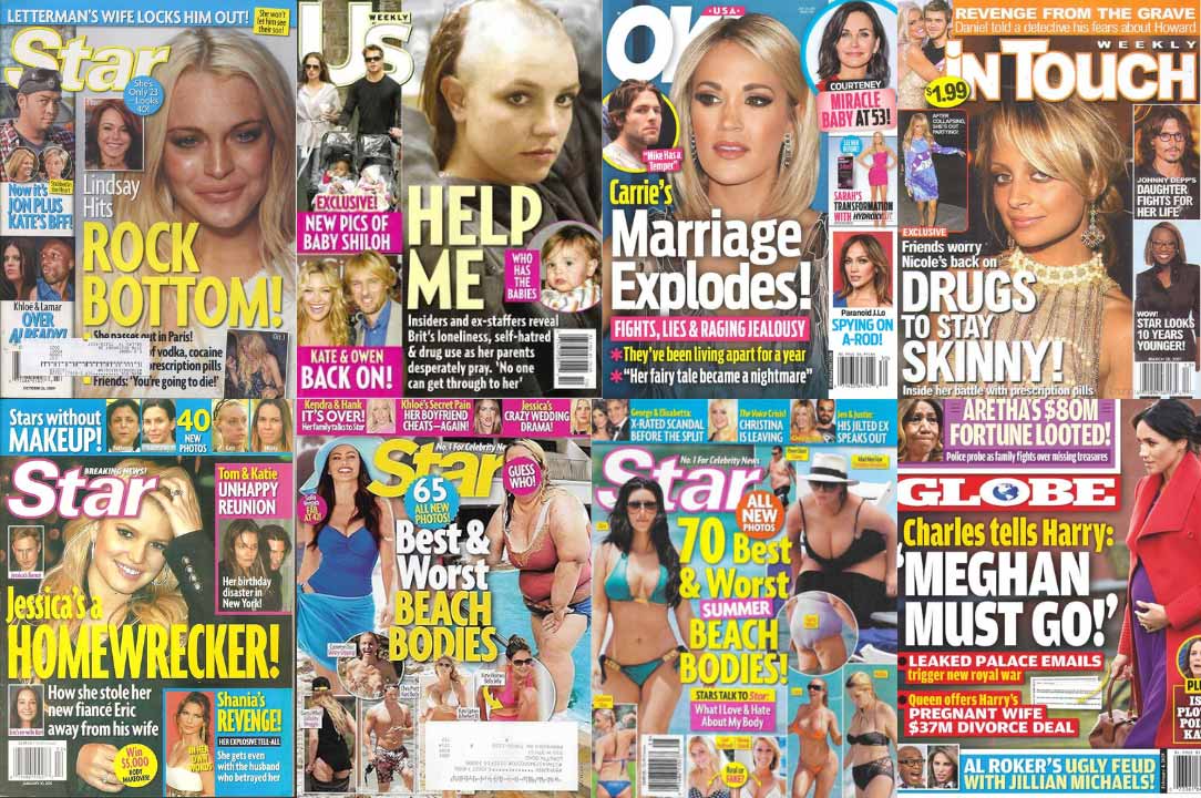 Toxic magazines from the 2000s; star magazine, Us weekly, in touch, globe, and tabloids